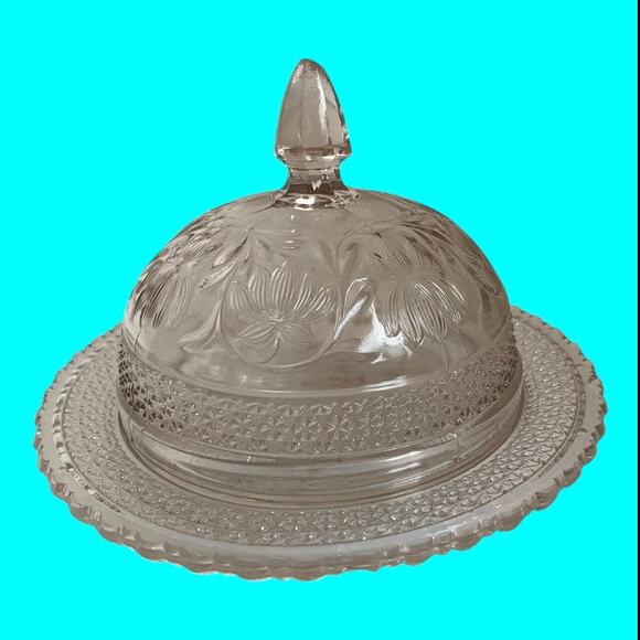 EAPG Indiana Pressed Glass Butter Dish Rosepoint Band Water Lily Tiny Chip - Picture 1 of 9